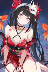 1girl bare_shoulders barefoot bell black_choker black_hair breasts choker collarbone commentary_request criss-cross_halter detached_sleeves dress facial_mark fish fox_mask goldfish halterneck highres honkai:_star_rail honkai_(series) jingle_bell long_hair looking_at_viewer mask mask_on_head obi parted_lips pelvic_curtain pink_eyes red_dress sash short_sleeves shoulder_tattoo sleeveless sleeveless_dress small_breasts solo sparkle_(honkai:_star_rail) szkure. tattoo thighs twintails very_long_hair