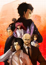 3girls 4boys aged_up alternate_hairstyle amane_suzuha bad_link bald beard beard_stubble black_hair black_jacket black_necktie blue_bow blue_bowtie blue_necktie bow bowtie bra_strap braid breasts brown_hair chaos;head clenched_teeth collarbone collared_shirt crossover d-sword facial_hair formal_clothes from_behind from_side frown furrowed_brow green_eyes grey_eyes hair_tie hand_on_own_chest hand_on_own_hip highres holding holding_phone holding_sword holding_weapon huge_weapon in-franchise_crossover jacket lab_coat lapels long_hair looking_at_viewer medium_breasts medium_hair multiple_boys multiple_crossover multiple_girls necktie notched_lapels okabe_rintarou one_side_up open_mouth orange_background oversized_clothes oversized_shirt phone pink_eyes pink_hair red_necktie robotics;notes sakihata_rimi school_uniform secretter shirt short_hair side_ponytail small_breasts smirk steins;gate steins;gate:_the_committee_of_antimatter striped_bow striped_bowtie striped_clothes stubble suit suit_jacket sword t-shirt teeth tennouji_nae tennouji_yuugo tongue toshiyuki_sawada track_jacket twin_braids upper_teeth_only v-shaped_eyebrows very_short_hair weapon white_bow white_bowtie white_hair white_shirt