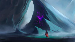1boy cambocreation cloak facing_away fog from_behind glowing grey_theme hood mountain original painterly red_cloak scenery water watermark