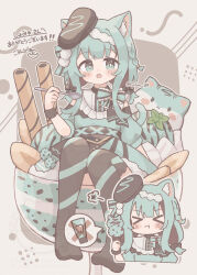 Rule 34 | &gt; &lt;, 1girl, :d, :t, absurdres, black bow, black thighhighs, blush, borrowed character, bow, bright pupils, closed mouth, colon br, commentary request, commission, dress, food, full body, green dress, green eyes, green hair, hair bow, highres, holding, holding food, holding ice cream, holding spoon, ice cream, long hair, looking at viewer, mint chocolate, mint chocolate (razschi), multiple views, open mouth, original, outline, parfait, puffy short sleeves, puffy sleeves, short sleeves, sitting, skeb commission, smile, spoken object, spoon, thighhighs, toothpaste, twitter username, white outline, white pupils