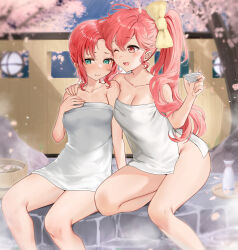 2girls alcohol ass blue_eyes blush bottle bow cherry_blossoms choko_(cup) commentary commission cup fire_emblem fire_emblem:_mystery_of_the_emblem fire_emblem:_new_mystery_of_the_emblem fire_emblem:_shadow_dragon hair_over_shoulder hand_on_another&#039;s_shoulder haru_(nakajou-28) highres holding holding_cup multiple_girls naked_towel nintendo norne_(fire_emblem) one_eye_closed onsen open_mouth phina_(fire_emblem) pink_eyes pink_hair ponytail red_hair sake sake_bottle sitting skeb_commission sweat thighs towel yellow_bow