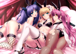 Rule 34 | 3girls, ahoge, all fours, alternate costume, animal ears, aqua eyes, ass, bare shoulders, bed, bikini, black footwear, black leotard, black ribbon, black skirt, blonde hair, blue eyes, blue hair, bow, breasts, brown eyes, curtains, embarrassed, enmaided, eyelashes, eyes visible through hair, fake animal ears, fang, feet out of frame, fine fabric emphasis, fishnet thighhighs, fishnets, frilled bikini, frilled skirt, frilled thighhighs, frills, frown, furrowed brow, futaki kanata, garter straps, girl sandwich, gun, hair between eyes, hair bobbles, hair bow, hair ornament, hair ribbon, half updo, handgun, head tilt, high heels, highres, jacket, leotard, lips, little busters!, long hair, looking at viewer, lying, maid, mary janes, medium breasts, midriff, miniskirt, multiple girls, naughty face, non-web source, nontraditional playboy bunny, off shoulder, on back, on bed, on stomach, open mouth, orange eyes, pantyhose, parted lips, pillow, playboy bunny, ponytail, profile, purple hair, rabbit ears, rabbit tail, ribbon, sandals, sandwiched, sasasegawa sasami, seductive smile, shiny clothes, shiny skin, shoes, short ponytail, shy, side ponytail, skirt, smile, sweat, swimsuit, tail, thighhighs, thighs, tokido saya, tongue, tongue out, torn clothes, torn pantyhose, twintails, two side up, v-shaped eyebrows, very long hair, weapon, white jacket, white thighhighs, white wrist cuffs, wrist cuffs, zen (kamuro)