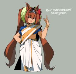 1girl alternate_skin_color animal_ears archives.gokulism bangle blue_gemstone bow bracelet check_translation daiwa_scarlet_(umamusume) dark-skinned_female dark_skin fang gem grey_background hair_bow hair_intakes hand_on_own_hip highres horse_ears horse_girl index_finger_raised indian_clothes jewelry long_hair looking_at_viewer malayalam_text midriff navel red_bow red_eyes sari simple_background solo tiara translation_request twintails umamusume very_long_hair