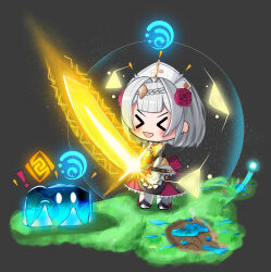 Rule 34 | 1girl, absurdres, armor, belt, bow, chibi, claymore (sword), energy barrier, energy shield, flower, genshin impact, glowing, glowing weapon, grey background, grey hair, highres, hydro slime (genshin impact), maid, noelle (genshin impact), non-web source, on grass, pink bow, rose, self-upload, short hair, slime (genshin impact), smile, trapped, weapon
