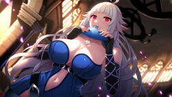 1girl 60mai ahoge belt black_belt black_gloves blue_dress blurry blurry_background breasts cleavage collarbone commission dress eine_lotta elbow_gloves fingerless_gloves gloves indie_virtual_youtuber instrument jewelry large_breasts long_hair music navel necklace ocarina playing_instrument pointy_ears red_eyes skeb_commission virtual_youtuber