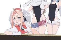 Rule 34 | 3girls, absurdres, american flag, american flag print, american flag skirt, ballet boots, bell, black one-piece swimsuit, breasts, coat, collar, competition swimsuit, denim, denim skirt, drum (kancolle), flag print, garrison cap, gloves, grey eyes, hair ornament, hat, headgear, highleg, highleg one-piece swimsuit, highres, historical connection, kantai collection, l meet, long hair, medalist (manga), meme, metal collar, microskirt, multiple girls, neck bell, one-piece swimsuit, orange hair, print skirt, red hat, scamp (kancolle), scarf, shorts, skirt, skull print, small breasts, smug inori (meme), star (symbol), star hair ornament, super highleg, swimsuit, swimsuit under clothes, two-tone one-piece swimsuit, two-tone swimsuit, very long hair, wahoo (kancolle), white coat, white gloves, white one-piece swimsuit, white scarf, white shorts