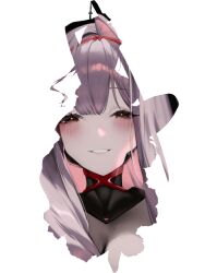 1girl armored_collar blush goddess_of_victory:_nikke hair_intakes hanbok625 holding holding_sword holding_weapon long_hair pink_hair rose_(nikke) silhouette simple_background single_hair_intake smile solo sword upper_body weapon white_background