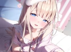 1girl bed blonde_hair blue_eyes blurry blurry_background blush breasts cardigan cleavage commission hat heart indie_virtual_youtuber long_hair looking_at_viewer mask mask_on_head nen_0405 off_shoulder on_bed open_cardigan open_clothes open_mouth pillow pink_cardigan pink_ribbon ribbon sitting skeb_commission sleep_mask small_breasts solo twitter_username virtual_youtuber white_mask yukinoshita_peo