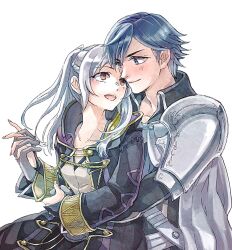 1boy 1girl armor black_robe blue_eyes blue_hair blush braid brown_eyes chrom_(fire_emblem) closed_mouth collarbone couple female_robin_(fire_emblem) fire_emblem fire_emblem_awakening gari_osushi gloves grey_gloves hetero highres holding_hands hug hug_from_behind interlocked_fingers long_hair looking_at_another nintendo open_clothes open_robe robe shoulder_armor smile twintails white_hair