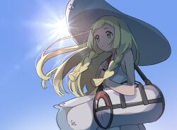 1girl anzu_(01010611) bag blonde_hair collared_dress day dress duffel_bag floating_hair from_side green_eyes hat highres holding_strap lillie_(pokemon) long_hair nintendo outdoors poke_ball_print pokemon pokemon_sm sky sleeveless sleeveless_dress solo sun sun_hat