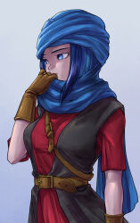 1girl absurdres adjusting_clothes adjusting_headwear belt black_vest blue_background blue_eyes blue_hair blue_turban breasts brown_belt brown_gloves commentary_request dragon_quest dragon_quest_ix gloves highres large_breasts looking_to_the_side pekuchin_(pekuchin_3) pink_lips red_shirt shirt solo thief_(dq9) turban upper_body vest