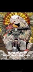 2025 2boys closed_eyes closed_mouth happy_new_year hibino_kafka hibino_kafka_(kaiju_form) highres horns hoshina_soshiro japanese_clothes kaijuu_no._8 katana matsumoto_naoya monster_boy multiple_boys muscular muscular_male new_year purple_hair sharp_teeth short_hair skull snake sword teeth weapon