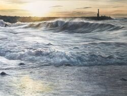 building day eyvzi172xqdkvs7 harbor highres morning no_humans ocean orange_sky original painting_(medium) realistic reflection reflective_water scenery shore sky sunrise tower traditional_media water watercolor_(medium) waves