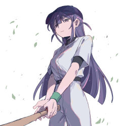 Rule 34 | 1girl, :|, baseball bat, baseball cap, baseball uniform, belt, belt buckle, black belt, black hat, black shirt, buckle, center-flap bangs, chinese commentary, closed mouth, commentary request, cowboy shot, falling leaves, hair between eyes, hat, highres, holding, holding baseball bat, layered shirt, leaf, long hair, looking ahead, pants, purple eyes, purple hair, rei931218, shirt, shoujo kageki revue starlight, sidelighting, sidelocks, simple background, solo, sportswear, tsuyuzaki mahiru, two side up, white background, white pants, white shirt, wristband