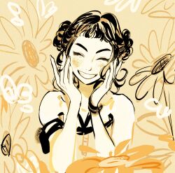 1girl 211youngil ^_^ absurdres blunt_bangs blush clenched_teeth closed_eyes commentary_request double_bun flower hair_bun highres korean_commentary kpop_demon_hunters short_bangs sidelocks smile solo teeth upper_body zoey_(kpop_demon_hunters)