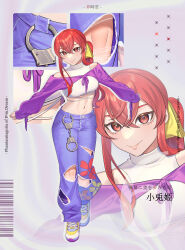 Rule 34 | 1girl, absurdres, adapted costume, asymmetrical footwear, bow, character name, clothing cutout, copyright name, crop top, cuffs, denim, floral print, guumin, hair ribbon, highres, jacket, kotohime (touhou), long hair, mismatched footwear, navel cutout, numbered, pants, phantasmagoria of dim.dream, ponytail, puffy sleeves, purple jacket, red eyes, red hair, ribbon, shirt, sleeveless, sleeveless shirt, torn clothes, torn pants, touhou, touhou (pc-98), white shirt