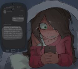 bra bra_strap brown_hair character.ai collarbone drooling green_eyes hair_over_one_eye highres holding holding_phone maya_schoppenboer messy_hair off_shoulder ongezellig phone pink_sweater sweat sweater text_messaging under_covers underwear upper_body white_bra zynthcyan
