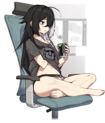 1girl bags_under_eyes bare_legs barefoot black_hair blurry blurry_background breasts brown_eyes can chair commentary_request depth_of_field dev_(dev0614) grey_hair grey_shirt hair_over_one_eye hand_under_clothes hand_under_shirt highres holding holding_can long_hair multicolored_hair navel no_pants office_chair on_chair original panties pepsi shirt short_sleeves small_breasts solo squiggle swivel_chair two-tone_hair underwear very_long_hair