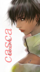 1girl berserk black_hair brown_eyes casca_(berserk) character_name closed_mouth commentary_request copyright_name dark-skinned_female dark_skin high_collar highres kame_(jeycobsry) pink_lips short_hair simple_background solo white_background zipper