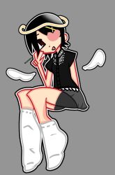 angel black_hair black_shirt black_skirt brown_eyes collared_shirt fashion full_body fuura_kafuka halo highres japanese_clothes loose_socks ozmujica paw_pose sayonara_zetsubou_sensei shirt short_hair short_sleeves skirt socks sweater white_socks