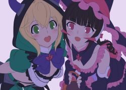 2girls :o akatsuki_kirika bent_over black_hair blonde_hair breasts green_eyes highres hood hood_up mokutan_mmmm multiple_girls open_mouth pink_background pink_eyes senki_zesshou_symphogear tsukuyomi_shirabe