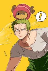 ! 2boys antlers black_eyes blue_nose closed_mouth collarbone deer_antlers earrings furry furry_male green_hair grey_eyes haramaki hat highres horns jewelry multiple_boys nine_hundred one_piece pink_hat roronoa_zoro shirt short_hair simple_background speech_bubble tony_tony_chopper upper_body very_short_hair white_shirt yellow_background