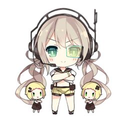 3girls bare_legs black_shoes blonde_hair blush blush_stickers brown_dress brown_sailor_collar c: chibi closed_mouth command_fairy_(girls&#039;_frontline) cross_hair_ornament crossed_arms dress fairy_(girls&#039;_frontline) full_body girls&#039;_frontline green_eyes hair_ornament hairclip headset light_brown_hair long_hair looking_at_viewer midriff multiple_girls navel official_art sailor_collar saru scouter shirt shoes short_hair short_sleeves shorts simple_background smile standing straight-on suspender_shorts suspenders third-party_source transparent_background twintails v-shaped_eyebrows v-shaped_eyes very_long_hair white_shirt yellow_shorts |_|