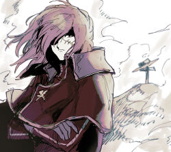 1970s_(style) 1980s_(style) 1boy azuma_(magi-inazuma) bad_end cloud cross crossed_arms eyepatch ginga_tetsudou_999 grave harlock harlock_saga hat highres ink_(medium) jolly_roger mourning oldschool ooyama_toshiro pirate retro_artstyle sad scan scar scar_on_face science_fiction sketch space spoilers traditional_media uchuu_kaizoku_captain_harlock uniform upper_body