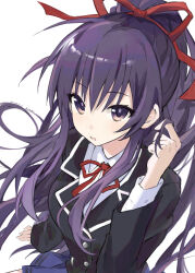 Rule 34 | 1girl, absurdres, black jacket, blazer, blue skirt, breasts, date a live, hair ribbon, highres, jacket, long hair, long sleeves, looking at viewer, medium breasts, neck ribbon, open mouth, pleated skirt, ponytail, purple eyes, purple hair, raizen high school uniform, red ribbon, ribbon, school uniform, shiqila, shirt, skirt, solo, white background, white shirt, yatogami tohka