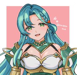 1girl :d aqua_hair bare_shoulders border braid breasts chloe_(fire_emblem) cleavage e_m_a earrings fire_emblem fire_emblem_engage green_eyes highres jewelry large_breasts long_hair nintendo open_mouth outside_border smile solo twitter_username upper_body white_border