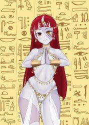 1girl absurdres alternate_costume ancient_egyptian_clothes black_hair breasts closed_mouth colored_skin earrings egyptian_trend_(meme) facial_mark grey_skin heterochromia hieroglyphics highres hololive hololive_indonesia jewelry katosh kureiji_ollie long_hair meme mismatched_pupils multicolored_hair multicolored_skin navel own_hands_together red_eyes small_breasts smile solo streaked_hair symbol-shaped_pupils virtual_youtuber white_hair x-shaped_pupils yellow_eyes zombie