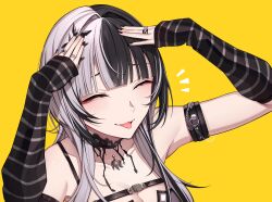 1girl absurdres ah_eto..._bleh_(meme) arm_strap arms_on_head black_arm_warmers black_choker black_hair black_nails breasts choker cleavage closed_eyes grey_hair hands_on_own_head highres hololive hololive_english jewelry large_breasts long_hair meme multicolored_hair notice_lines nurufufufu ring shiori_novella shiori_novella_(1st_costume) simple_background solo split-color_hair striped_arm_warmers tongue tongue_out two-tone_hair virtual_youtuber yellow_background