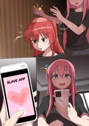 2girls black_shirt blue_eyes blurry blurry_background bocchi_the_rock! cellphone cube_hair_ornament empty_eyes gotoh_hitori green_eyes hair_between_eyes hair_ornament headgear holding holding_phone indoors kita_ikuyo long_hair mind_control multiple_girls open_mouth phone pigkaboo pink_hair pleated_skirt red_hair shirt short_sleeves side_ahoge skirt smartphone smile white_skirt