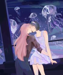 Rule 34 | 2girls, alien stage, aquarium, black hair, black shirt, blue pants, closed eyes, commentary, dress, english commentary, hairband, highres, jellyfish, lipstick mark, lipstick mark on face, long hair, mizi (alien stage), multiple girls, pannpanboo, pants, pink hair, shirt, short hair, sleeveless, sleeveless dress, sua (alien stage), very long hair, white dress, white hairband, yuri