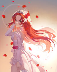 1girl breasts bride brown_eyes chinese_commentary commentary_request dress falling_petals flower from_side gradient_background highres honkai_(series) honkai_impact_3rd long_hair looking_at_viewer medium_breasts murata_himeko murata_himeko_(blood_rose) murata_himeko_(rosy_passion) official_alternate_costume petals red_flower red_hair red_petals red_rose rose stupid_goose_man thighs veil wedding_dress white_dress white_veil