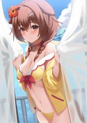 :3 absurdres animal_ears bikini bikini_under_clothes blush bone_hair_ornament braid breasts brown_eyes brown_hair cleavage collar curtains dog_ears flower groin hair_between_eyes hair_flower hair_ornament hairclip highres hololive inugami_korone inugami_korone_(1st_costume) looking_at_viewer medium_breasts medium_hair navel pyonsan railing smile stomach swimsuit swimsuit_under_clothes thighs virtual_youtuber water yellow_bikini