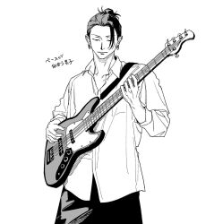 1boy black_hair collared_shirt commentary_request cowboy_shot earrings getou_suguru greyscale guitar hair_bun hair_slicked_back highres holding holding_guitar holding_instrument instrument jewelry jujutsu_kaisen looking_at_object male_focus monochrome music ntyk_no playing_guitar playing_instrument shirt simple_background solo stud_earrings translation_request white_background white_shirt