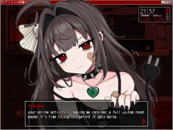 1girl ahoge animal animal_on_head bags_under_eyes bandaid bandaid_on_cheek bandaid_on_face black_shirt brown_hair bug cable cable_tail character_name choker circuit_board closed_mouth collarbone dialogue_box electric_plug electric_plug_tail english_text fake_screenshot fourth_wall hair_intakes heart heart_necklace holding insect jewelry long_hair looking_at_viewer mechanical_tail mole mole_under_eye moth necklace on_head original red_eyes shirt sleeveless sleeveless_shirt solo spaghetti_strap spiked_choker spikes strap_slip tail through_medium upper_body vickie_(cryingrobot) vickie_(cryingrobot)_(character) window_(computing)