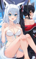 2girls absurdres ahoge alternate_costume animal_ear_fluff animal_ears aqua_eyes bare_shoulders beach beach_mat beach_umbrella bikini black_choker black_hair blush braid breasts brown_eyes choker cleavage clothes_down collarbone commentary crossed_bangs fang fox_ears fox_girl fox_tail frilled_thigh_strap from_behind hands_on_own_chest high_ponytail highres hololive jacket knees_up large_breasts long_hair looking_at_viewer low-tied_long_hair multiple_girls oksuri ookami_mio ookami_mio_(hololive_summer_2019) open_mouth ponytail shirakami_fubuki side_braid sidelocks single_braid sitting skin_fang smile swimsuit tail thigh_strap umbrella virtual_youtuber white_bikini white_hair wolf_ears wolf_girl wolf_tail