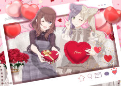1girl 2girls apron balloon black_ribbon blonde_hair blush bow bowtie box box_of_chocolates breasts brown_hair candy chocolate chocolate_heart couch double_bun dress flower food frilled_dress frills gift gift_box giving green_eyes grey_eyes hair_bun happy_valentine heart heart-shaped_box heart-shaped_food holding holding_box holding_gift lace large_breasts long_hair long_sleeves looking_at_viewer medium_hair multicolored_hair multiple_girls murafuji_sana one_eye_closed open_mouth parted_lips photo_(object) pole_princess!! puffy_long_sleeves puffy_sleeves purple_hair ribbon rose sitting skirt smile teeth tousaka_mio twintails two-tone_hair valentine vase window