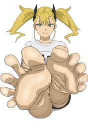 Rule 34 | 1girl, barefoot, blonde hair, feet, green eyes, highres, kaijuu no. 8, long hair, looking at viewer, riokasen, shinomiya kikoru, smile, soles, toes, twintails