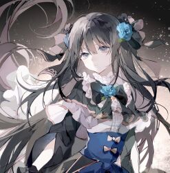 Rule 34 | 1girl, absurdres, arcaea, black bow, black bowtie, black capelet, black hair, black ribbon, blue corset, blue flower, blue rose, bow, bow flower, bowtie, capelet, center frills, chinese commentary, closed mouth, commentary request, corset, expressionless, flower, frills, grey eyes, hair between eyes, hair flower, hair ornament, hair ribbon, highres, long hair, long sleeves, looking at viewer, ribbon, rose, shirt, solo, tairitsu (arcaea), upper body, very long hair, white shirt, zichuannn