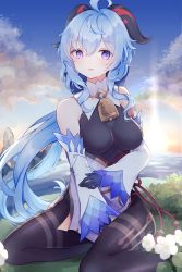 1girl absurdres ahoge armpit_crease bare_shoulders bell between_legs black_leotard black_pantyhose blue_hair breasts breasts_apart cloud commentary_request cowbell curly_hair detached_sleeves dot_nose flower ganyu_(genshin_impact) genshin_impact gloves goat_horns gold_trim hair_between_eyes hand_between_legs hand_on_own_arm highres horns impossible_clothes leotard long_hair outdoors pantyhose pelvic_curtain plant purple_eyes qingxin_flower sidelocks sitting solo strapless strapless_leotard sunrise very_long_hair water yokozuwari yua_(bokubo0806)