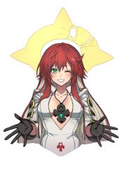 1girl ankh_necklace ankh_print black_gloves bodysuit breasts broken_halo cleavage ebi_pri_shrimp gloves green_eyes guilty_gear guilty_gear_strive hair_between_eyes halo highres jack-o&#039;_valentine large_breasts long_hair looking_at_viewer multicolored_hair one_eye_closed red_hair smile spiked_halo two-tone_hair upper_body white_bodysuit white_hair