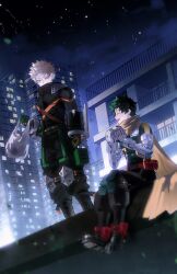 2boys arms_up bag bakugou_katsuki belt belt_pouch black_pants blonde_hair boku_no_hero_academia building cape closed_eyes facial_scar freckles gloves green_belt green_hair highres holding holding_bag homare04271 knee_pads looking_at_another male_focus midoriya_izuku multicolored_gloves multiple_boys night night_sky on_rooftop open_mouth outdoors pants plastic_bag pouch railing red_belt red_eyes scar scar_on_cheek scar_on_face short_hair sitting sky skyscraper smile sparkle standing star_(sky) starry_sky superhero_costume teeth upper_teeth_only white_gloves yellow_cape
