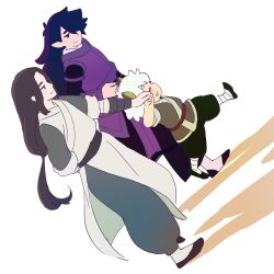 3boys 55bata6rou animal_ears black_hair black_pants black_shoes cat_boy cat_ears child closed_eyes dutch_angle fengxi_(the_legend_of_luoxiaohei) full_body hair_over_one_eye highres long_hair long_sleeves looking_at_another low-tied_long_hair luo_xiaohei luo_xiaohei_(human) luo_xiaohei_zhanji male_focus multiple_boys open_mouth pants purple_hair sash shadow shoes short_hair short_sleeves smile walking white_background white_hair wuxian_(the_legend_of_luoxiaohei)