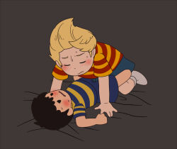 bed black_hair blonde_hair child elementary_schoolboy embarrassed imminent_penetration legs lucas_(mother_3) lying mother_(series) mother_2 mother_3 ness_(mother_2) nintendo rubbing rubbing_penis shirt shorts shota sjsj_10 socks super_smash_bros. sweat yaoi