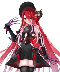 1girl armor armored_dress bare_shoulders black_armor black_dress black_eyes black_hat black_thighhighs blush bonnet breasts claws dress fate/grand_order fate_(series) faulds gauntlets hair_between_eyes hat heterochromia highres hoshino_reiji long_hair looking_at_viewer open_mouth red_hair small_breasts smile solo thighhighs thighs typhon_ephemeros_(fate) very_long_hair yellow_eyes