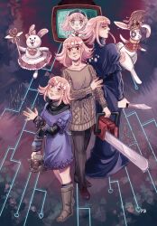 aged_down aged_up animal black_hairband black_pantyhose black_shoes blue_dress blush blush_stickers boots bow brown_boots brown_eyes brown_hair cable_knit chainsaw closed_mouth clothed_animal cosplay crossover crying crying_with_eyes_open danganronpa_(series) danganronpa_2:_goodbye_despair dress eyelashes flowchart flower gas_mask genre_connection glitch hair_flower hair_ornament hairband hat heart highres holding holding_chainsaw holding_knife holding_mask holding_wand holding_weapon knife kurashiki_akane kurashiki_akane_(cosplay) kyokugen_dasshutsu kyokugen_dasshutsu:_9_jikan_9_nin_9_no_tobira kyokugen_dasshutsu_adv:_zennin_shibou_desu long_sleeves looking_back mask mature_female medium_hair monitor multiple_girls nanami_chiaki non-web_source open_mouth page_number pantyhose pink_bow pink_eyes purple_dress rabbit rainynie red_shirt shirt shoes skirt smile spoilers standing sudoku sweater sweater_dress tears teeth unworn_mask upper_teeth_only usami_(danganronpa) wand watch weapon wristwatch zero_(kyokugen_dasshutsu) zero_escape:_toki_no_dilemma zero_iii