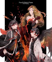 1boy 2girls 4th_match_flame_(e.g.o) antlers belt black_background black_dress black_eyes black_gloves black_shirt blonde_hair blue_eyes border cape cigarette cloak collared_shirt colored_extremities colored_tips curtained_hair dirty dirty_face dress e.g.o_(project_moon) english_text fire floating_cape flower gloves hair_flower hair_ornament highres holding holding_stick holding_weapon horns id_card jacket ko_bammm light_particles limbus_company long_hair looking_at_viewer makeup multicolored_hair multiple_girls project_moon red_cape red_eyes red_hands rodion_(project_moon) ryoshu_(project_moon) scorch_mark shirt sidelocks smoking stick very_long_hair waist_ribbon weapon white_jacket wings yi_sang_(project_moon)
